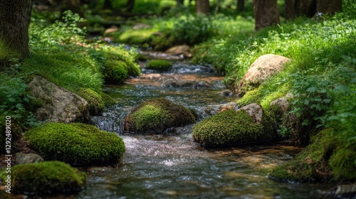 Tranquil Stream Flowing Through a Lush Forest