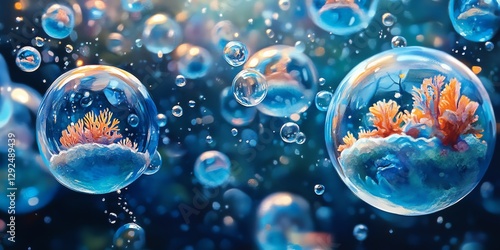 Ocean Coral Reef in Bubbles Underwater Scene