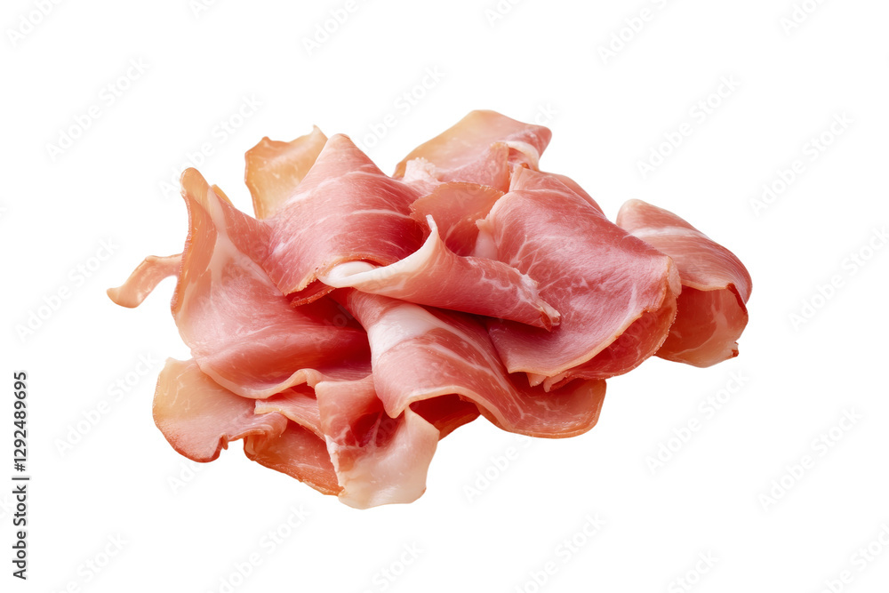 Pile of ham slices on a white background, isolated Pile of ham slices on a white background, isolated