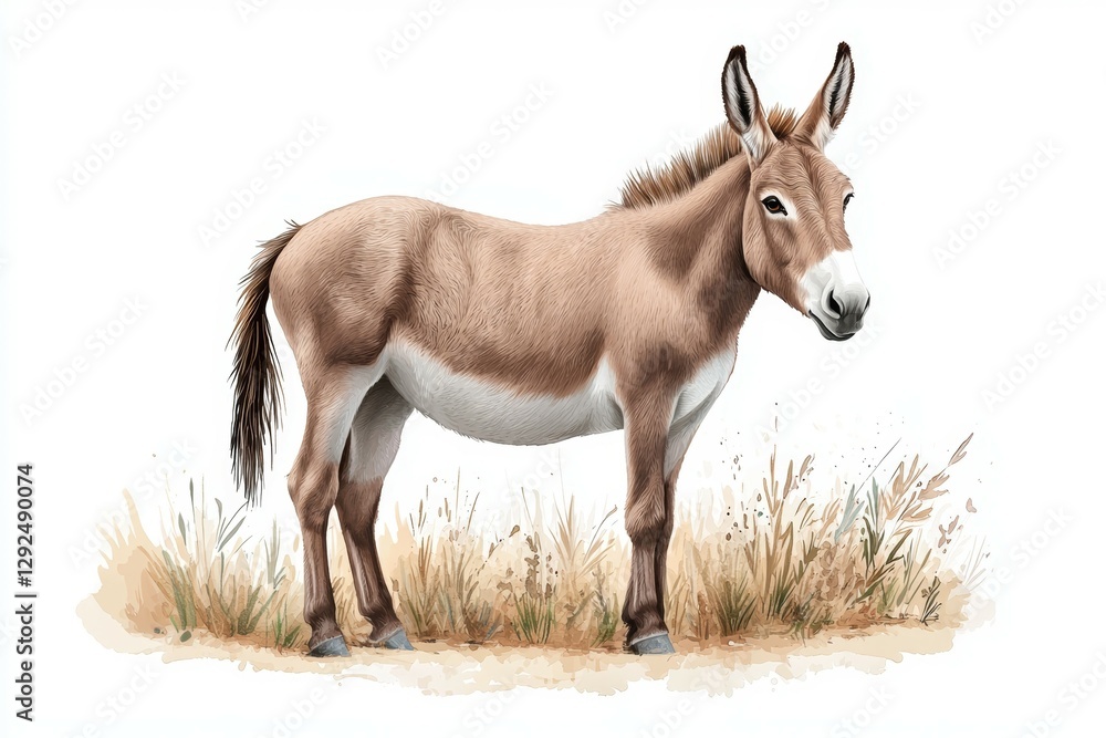 Brown donkey stands in a field of tall grass Brown donkey stands in a field of tall grass