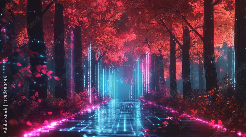 Obraz premium Neon path, glowing autumn forest, digital art, fantasy background, game asset