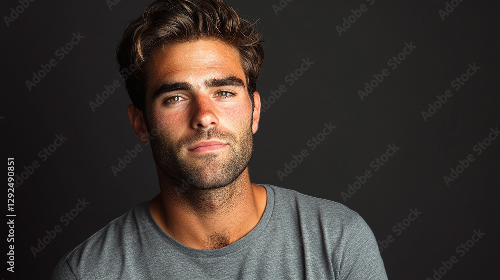 Obraz premium Portrait of a young man in a casual t-shirt, fresh-faced, relaxed expression, soft light, isolated background for stock image.