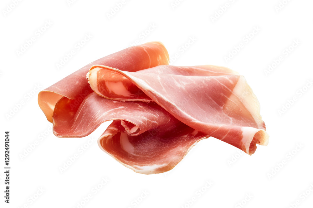 Piece of ham is sliced and placed on a white background, isolated Piece of ham is sliced and placed on a white background, isolated