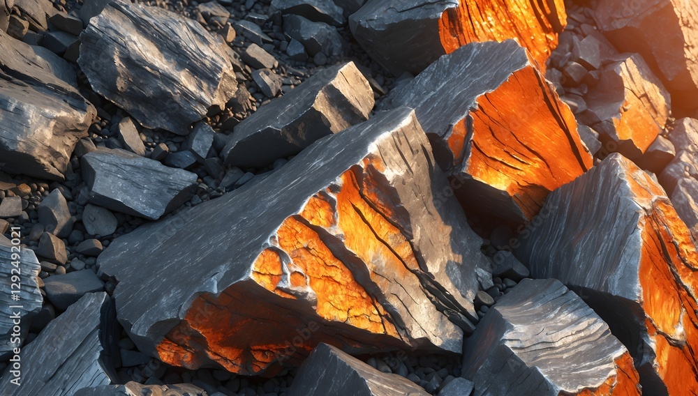Rocks with rough surfaces create a striking display of metallic textures and bright orange mineral stains under natural light. Their unique formation highlights geological history. Rocks with rough surfaces create a striking display of metallic textures and bright orange mineral stains under natural light. Their unique formation highlights geological history.