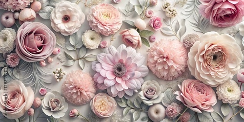 Elegant Pastel Floral Arrangement Delicate Roses, Dahlias, and Ranunculus in a Soft, Romantic Composition