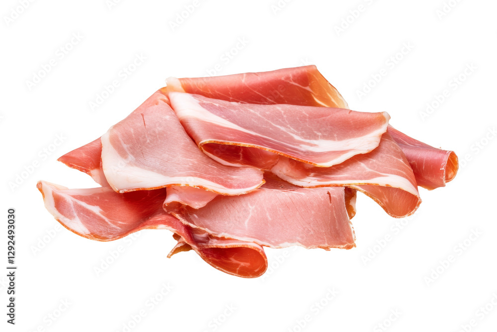 Pile of ham slices on a white background, isolated Pile of ham slices on a white background, isolated