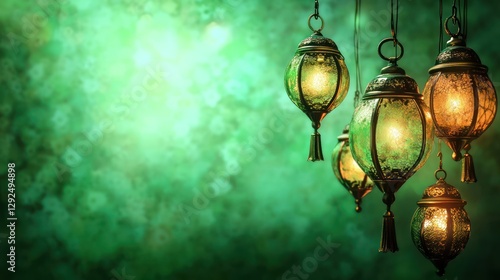 Wallpaper Mural Glowing Ramadan lanterns hanging, green bokeh background, festive celebration Torontodigital.ca
