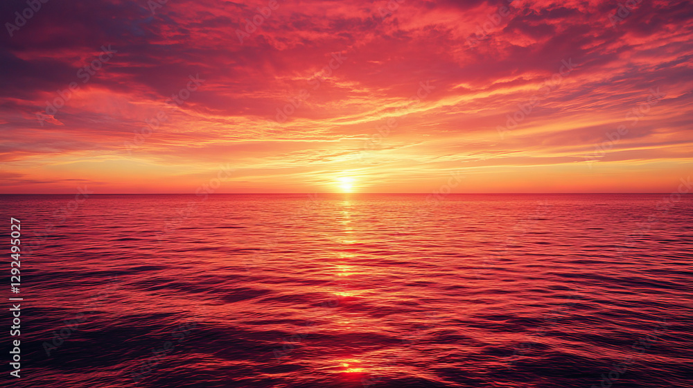 Fototapeta premium Sea sunset. Tropical landscape with ocean, sky and clouds in red light of evening sun. Vector cartoon summer seascape with orange reflection in water and coastline silhouette on horizon