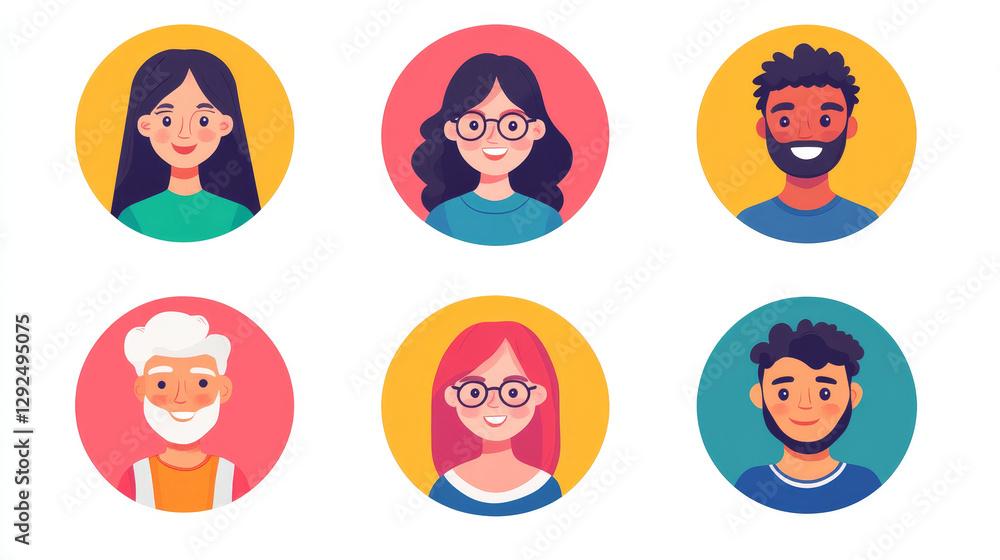 Set of people avatars, isolated round icons with faces of young and senior male and female characters. Diverse men, women and teenager portraits for social media user profiles, line art flat vector Set of people avatars, isolated round icons with faces of young and senior male and female characters. Diverse men, women and teenager portraits for social media user profiles, line art flat vector