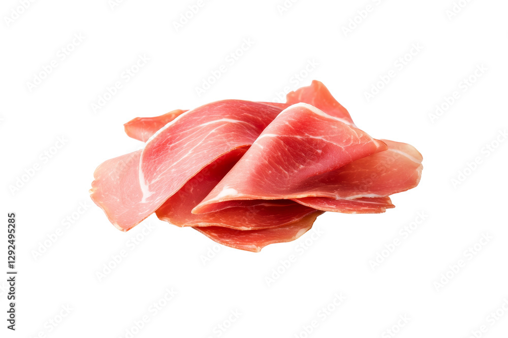 Piece of ham is sliced and placed on a white background, isolated Piece of ham is sliced and placed on a white background, isolated