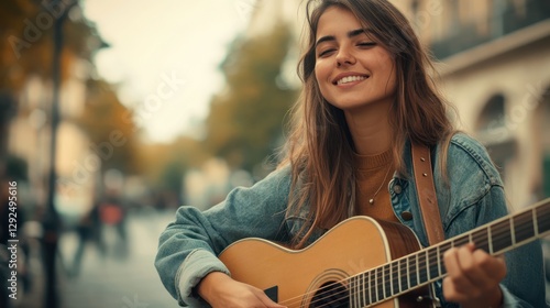 Fototapeta Naklejka Na Ścianę i Meble -  Woman serenades Parisian street, autumn leaves, guitar music