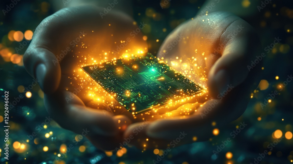Hands holding glowing microchip, futuristic bokeh background, technology concept Hands holding glowing microchip, futuristic bokeh background, technology concept