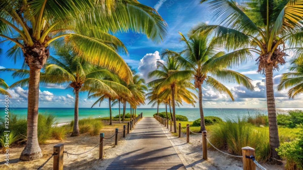 Tropical path to the beach lined with palm trees in Key West, Florida, beach, tropical, palm trees, Key West, Florida Tropical path to the beach lined with palm trees in Key West, Florida, beach, tropical, palm trees, Key West, Florida