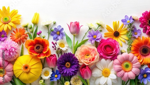 Colorful spring flowers arranged on a white paper background, spring, flowers, vibrant, beautiful, nature, petals, bloom