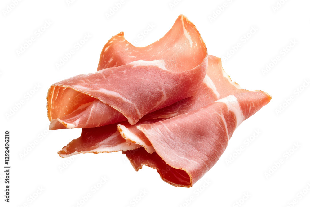 Piece of ham is sliced and placed on a white background, isolated Piece of ham is sliced and placed on a white background, isolated