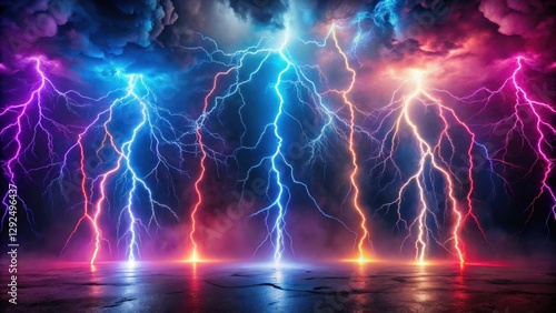 A mesmerizing stock photo featuring smoky neon lights with bolts of lightning in the background , smoky, neon