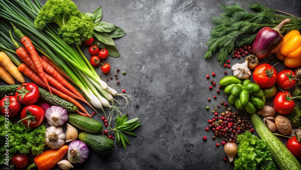 Collection of various fresh vegetables and herbs displayed on a rustic stone surface, vegetables, herbs, fresh, organic Collection of various fresh vegetables and herbs displayed on a rustic stone surface, vegetables, herbs, fresh, organic