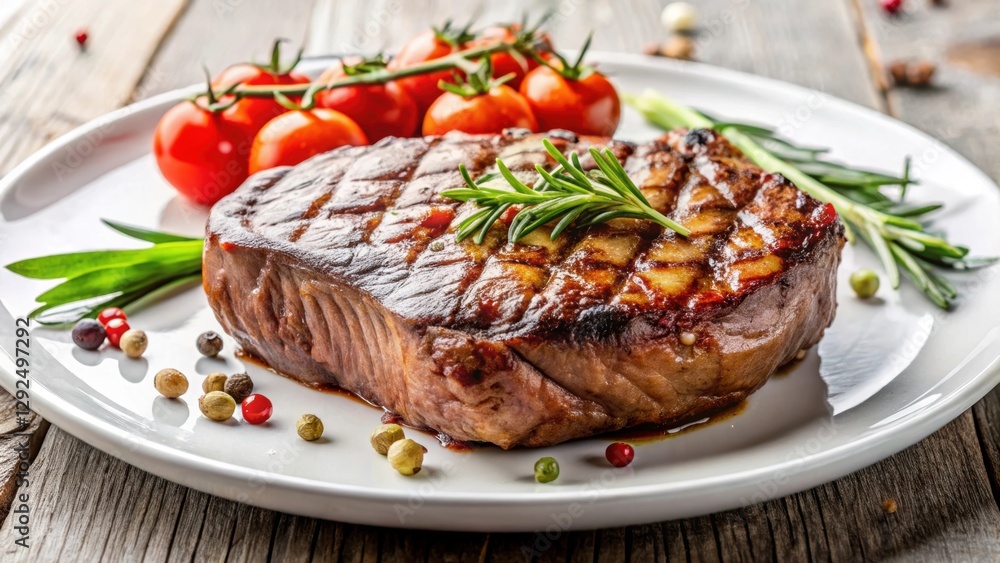 Juicy and succulent grilled beef steak meat served on a white plate , grilled, beef, steak, meat, juicy, succulent, cooked Juicy and succulent grilled beef steak meat served on a white plate , grilled, beef, steak, meat, juicy, succulent, cooked