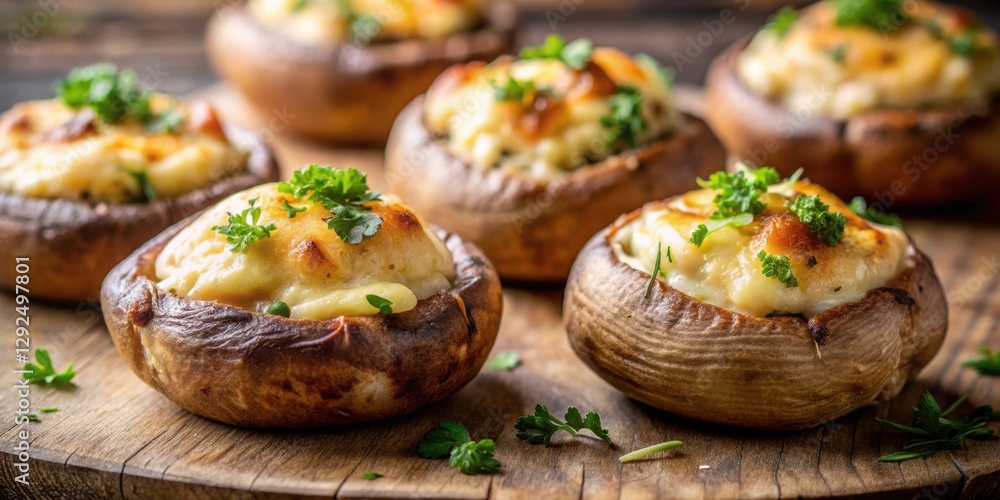 Close-up of baked mushrooms filled with gooey cheese, mushrooms, cheese, stuffed, baked, savory, appetizer, gourmet, vegetarian, delicious Close-up of baked mushrooms filled with gooey cheese, mushrooms, cheese, stuffed, baked, savory, appetizer, gourmet, vegetarian, delicious