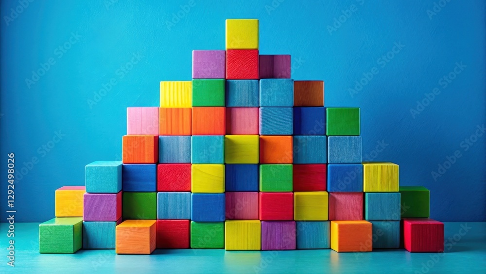Colorful Wooden Blocks Arranged in a Pyramid Shape Against a Blue Background Colorful Wooden Blocks Arranged in a Pyramid Shape Against a Blue Background