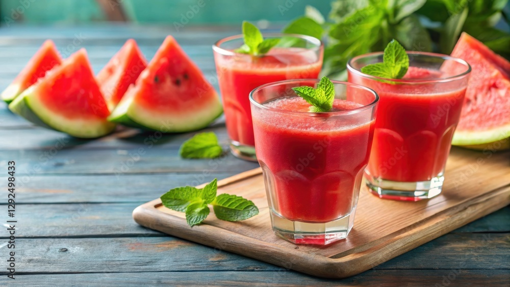 Refreshing summer watermelon juice in glasses with slices of fresh watermelon , summer, refreshing, watermelon juice, glasses, slices Refreshing summer watermelon juice in glasses with slices of fresh watermelon , summer, refreshing, watermelon juice, glasses, slices