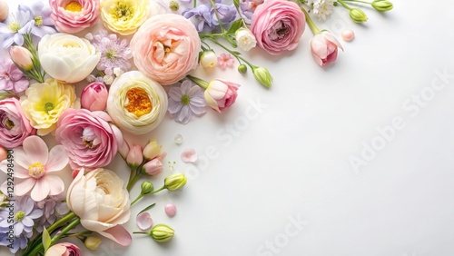 Delicate spring flowers in pastel colors on a white background, perfect for adding a touch of freshness to any room