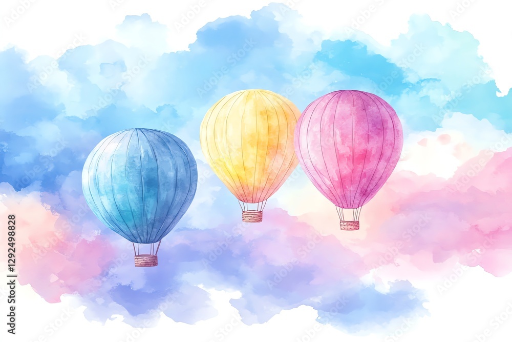 Naklejka premium Pastel Hot Air Balloons Soaring Through Watercolor Clouds