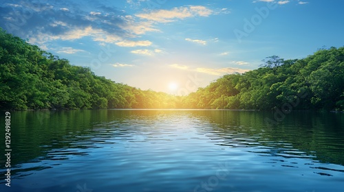 Serene Sunset over a Calm River in a Lush Tropical Mangrove Forest