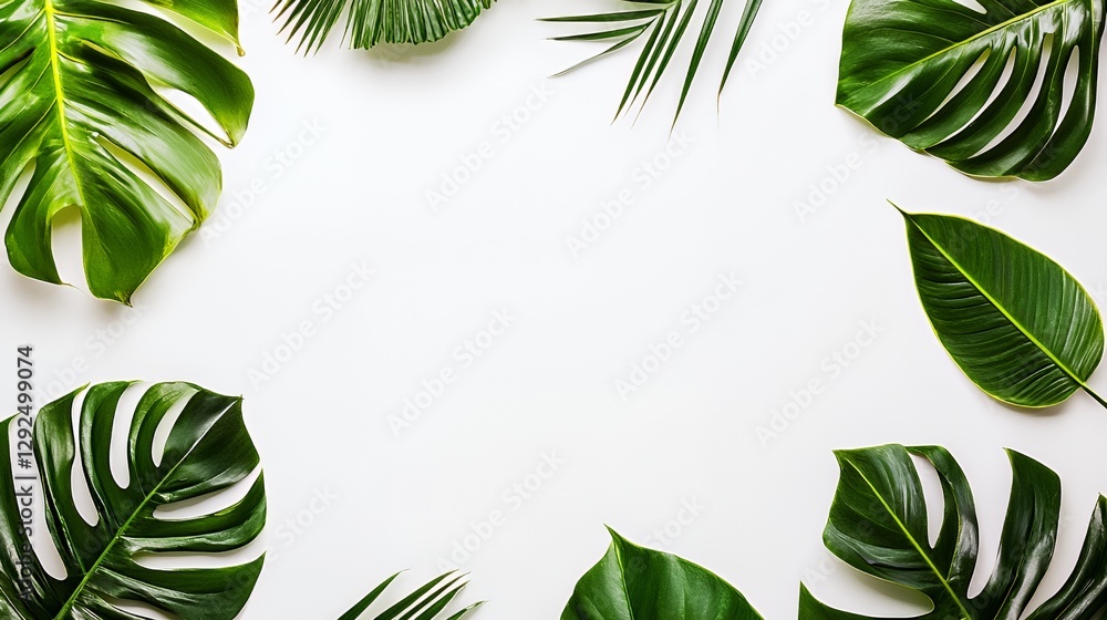 Vibrant Green Tropical Leaves Frame on White Background Vibrant Green Tropical Leaves Frame on White Background