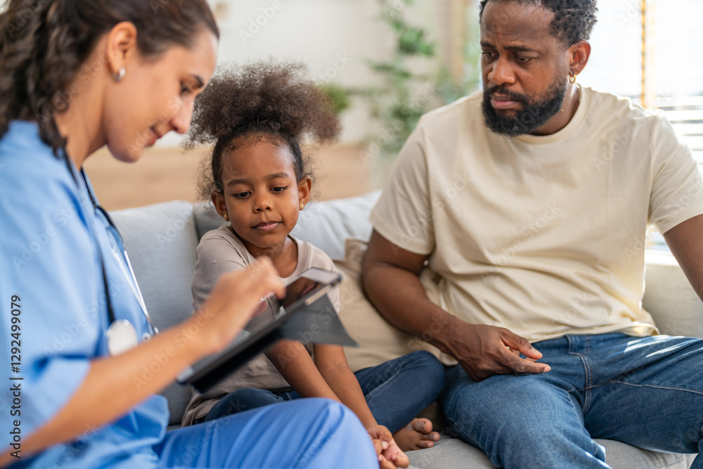 Doctor use tablet for medical checkup consulting african child about health while father sits beside, concept of pediatric healthcare, digital diagnosis, telemedicine, patient care and family support Doctor use tablet for medical checkup consulting african child about health while father sits beside, concept of pediatric healthcare, digital diagnosis, telemedicine, patient care and family support