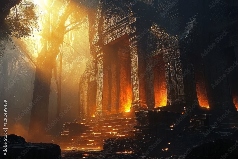 Obraz premium A Hidden Medieval Temple Surrounded by Enigmatic Forests.