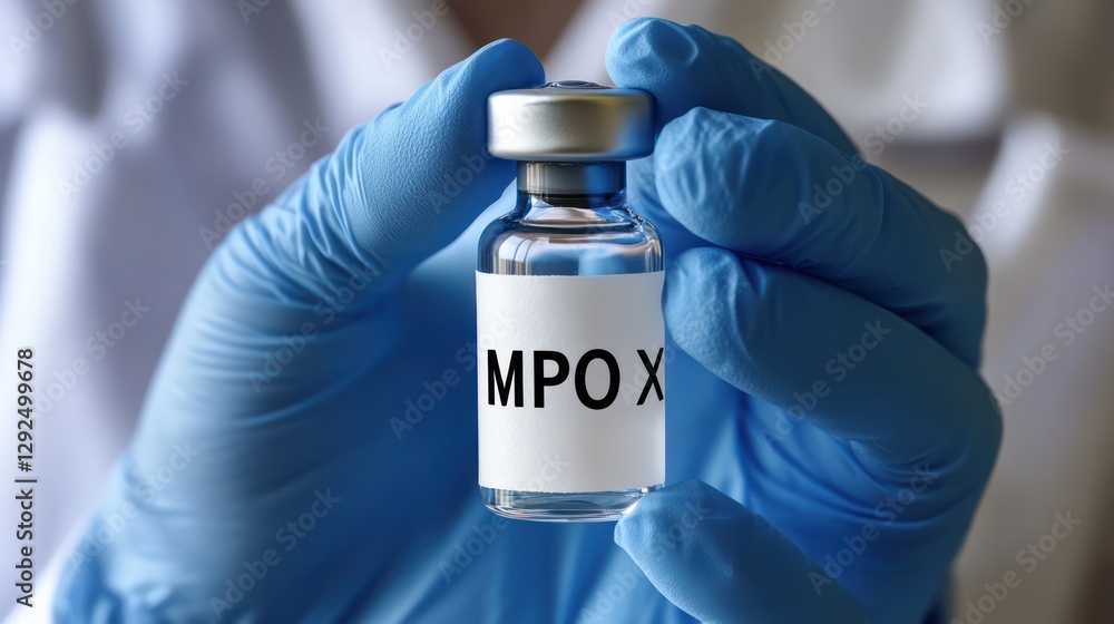 Doctor holds monkeypox vaccine vial; lab background Doctor holds monkeypox vaccine vial; lab background