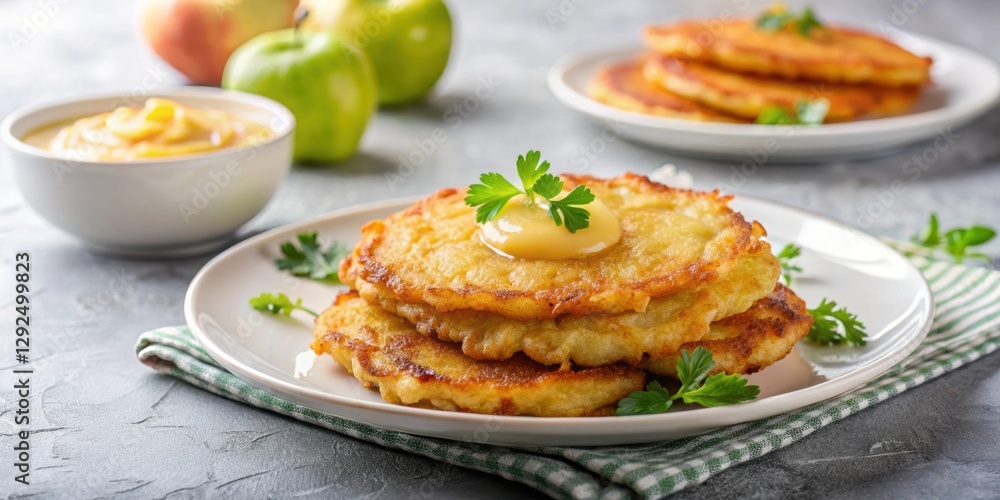 Crispy potato pancakes with applesauce on a white plate, Knusprige Reiberdatschi Crispy potato pancakes with applesauce on a white plate, Knusprige Reiberdatschi