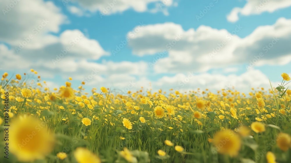 Bright Yellow Wildflower Field Under Partly Cloudy Blue Sky Bright Yellow Wildflower Field Under Partly Cloudy Blue Sky
