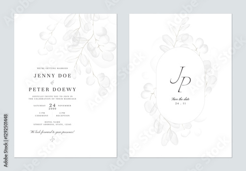 Wedding invitation and save the date template set of delicate, translucent soft grey leaves on white background. The style is minimal, modern, and refined