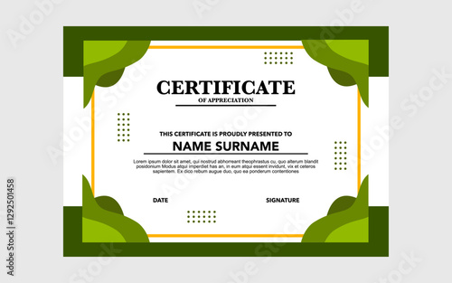 certificate template design with green and white color for awards and appreciation.