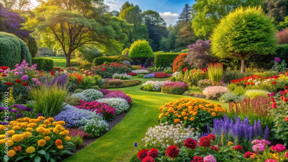 Fototapeta premium Beautiful garden with colorful flowers and lush greenery, garden, yard, flowers, plants, nature, outdoor, colorful, bloom