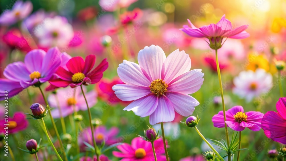 Vivid cosmos flower blossoms in a vibrant garden setting, cosmos, flowers, blossoms, vibrant, garden, bloom, botanical, nature