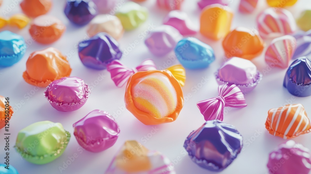 Colorful candies scattered on white background; vibrant sweets, packaging design, food photography Colorful candies scattered on white background; vibrant sweets, packaging design, food photography