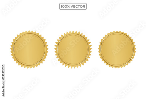 Gold medal with laurel wreath, circle award set, 3d. Vector design template
