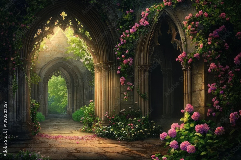 Fototapeta premium Architectural beauty of a palace entrance framed by blossoms.