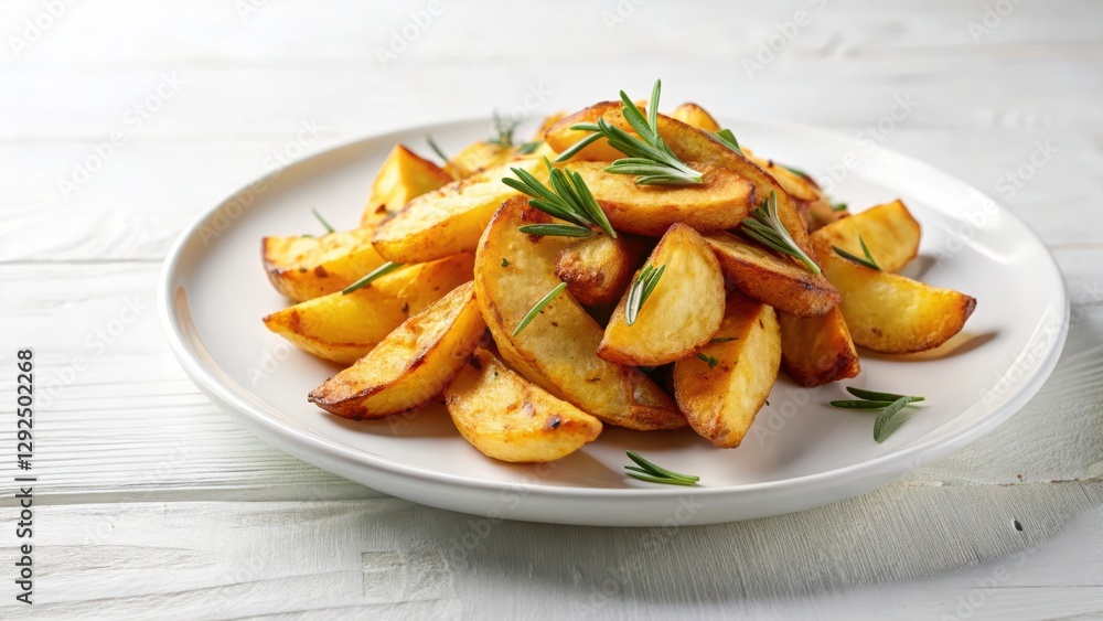Crispy fried potato wedges seasoned with rosemary on a white plate, potato, wedges, crispy, fried, rosemary, seasoning Crispy fried potato wedges seasoned with rosemary on a white plate, potato, wedges, crispy, fried, rosemary, seasoning