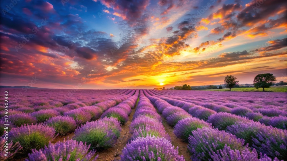 Vibrant lavender field set against a colorful sunrise sky, creating a breathtaking landscape scene, lavender, field Vibrant lavender field set against a colorful sunrise sky, creating a breathtaking landscape scene, lavender, field