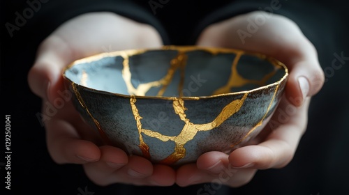 Wallpaper Mural Hands holding kintsugi bowl, dark background, repair, art Torontodigital.ca