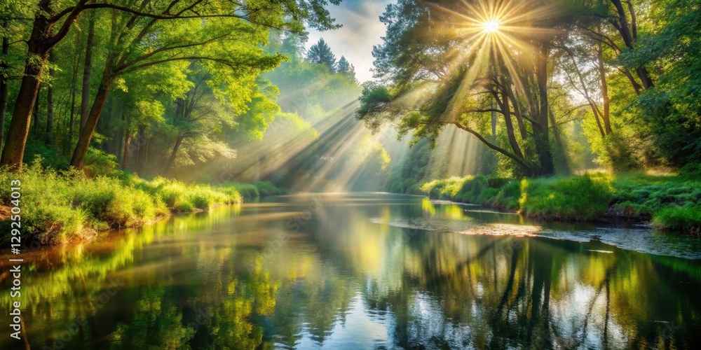 Sun rays shining above a serene forest river, creating a peaceful and beautiful scene, nature, sunlight, trees Sun rays shining above a serene forest river, creating a peaceful and beautiful scene, nature, sunlight, trees