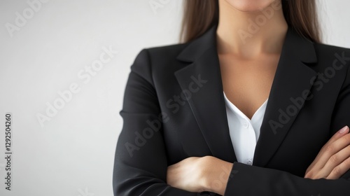 Confident businesswoman, arms crossed, studio, neutral background, corporate portrait