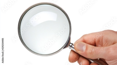 Hand holding magnifying glass, white background, investigation concept, search