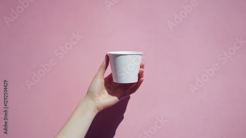 Hand holding blank paper cup, pink background, sunlight, mockup