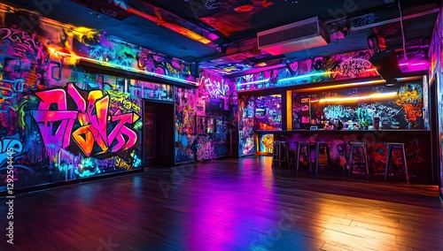 Wallpaper Mural Graffiti-adorned nightclub interior, vibrant lighting, bar area, party atmosphere Torontodigital.ca