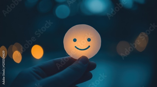 Glowing happy face held at night, bokeh background, positive emotion